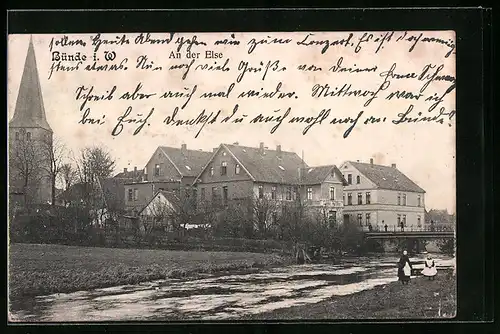 AK Bünde i. W., Panorama mit Kirche und Else