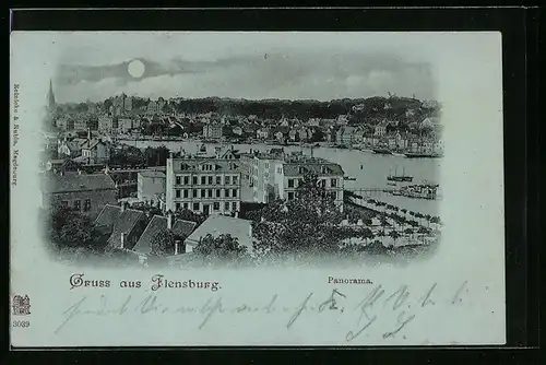 Mondschein-AK Flensburg, Ortsansicht aus der Vogelschau