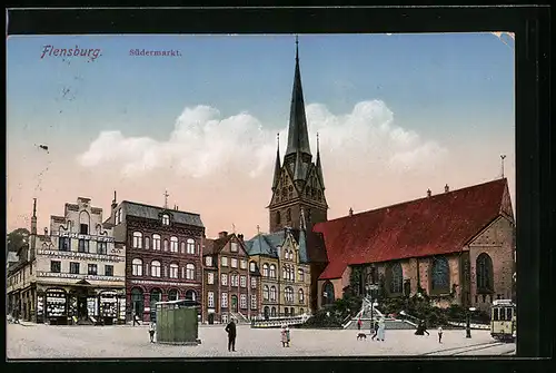 AK Flensburg, Südermarkt mit Kirche