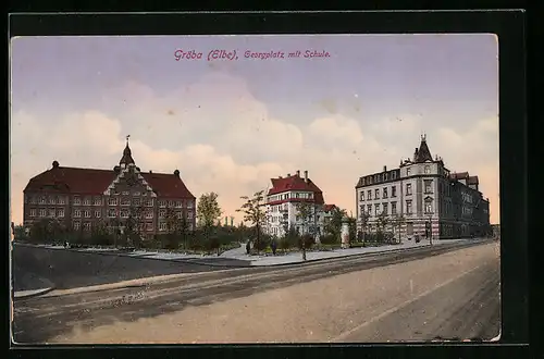 AK Gröba /Elbe, Georgplatz mit Schule