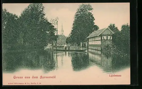 AK Lübbenau, Flusspartie mit Blick auf die Kirche