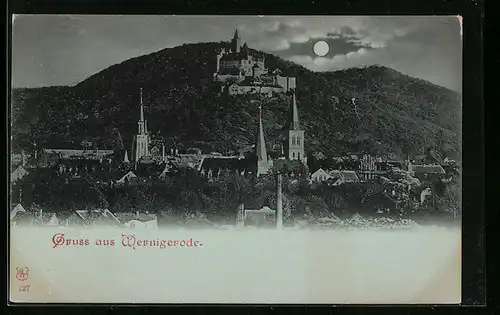 Mondschein-AK Wernigerode, Ansicht mit Kirche und Burg