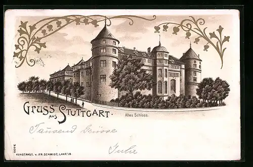 Lithographie Stuttgart, Ansicht Altes Schloss