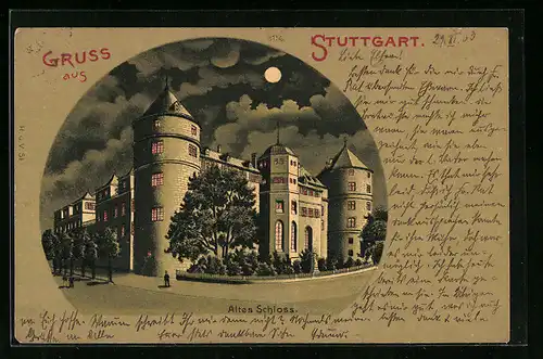 Mondschein-Lithographie Stuttgart, Altes Schloss bei Mondlicht