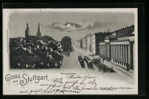 Mondschein-Lithographie Stuttgart, Blick auf Königsstrasse