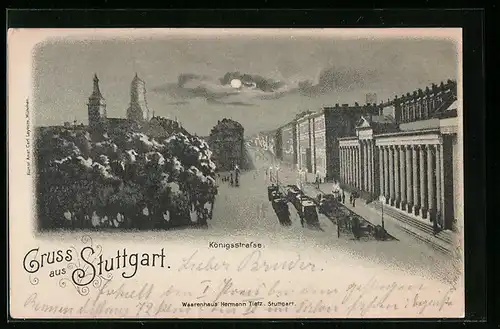 Mondschein-Lithographie Stuttgart, Blick auf Königsstrasse