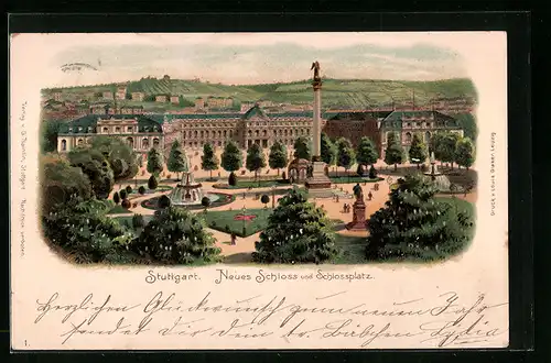 Lithographie Stuttgart, Neues Schloss und Schlossplatz