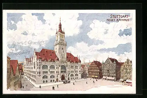 Lithographie Stuttgart, Neues Rathaus mit Pferdekutsche