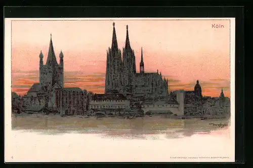 Lithographie Köln, Ortspartie bei Abendlicht