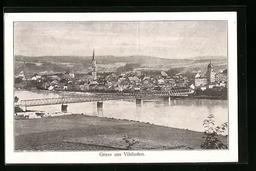 AK Vilshofen, Blick auf Fluss mit Brücke