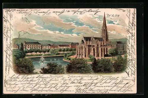 Lithographie Stuttgart, Johanneskirche und Feuersee