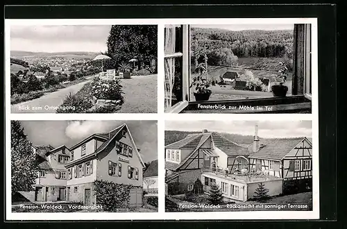 AK Langen-Brombach /Odw., Pension Waldeck, Rückansicht mit sonniger Terrasse, Fensterblick zur Mühle im Tal