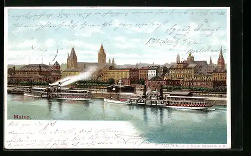 Lithographie Mainz, Uferpartie mit Dampfern