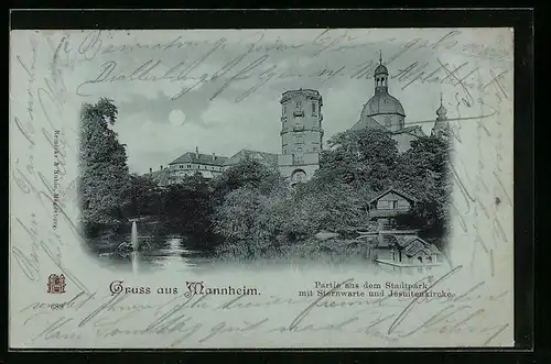 Mondschein-AK Mannheim, Partie aus dem Stadtpark mit Sternwarte und Jesuitenkirche