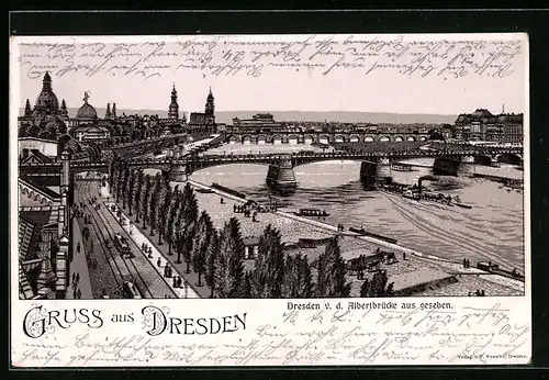 Lithographie Dresden, Teilansicht mit Strassenbahn von der Albertbrücke aus gesehen