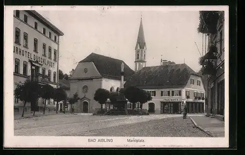 AK Bad Aibling, Kurhotel Duschl u. Post am Marktplatz mit Geschäft von Franz Mayer