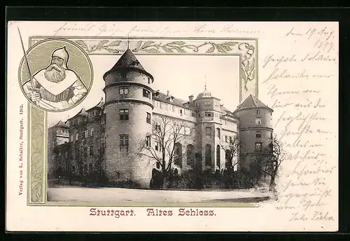 AK Stuttgart, Altes Schloss, Krieger mit Schwert