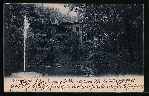 AK Hagen i. W., Uferpartie und Fontäne