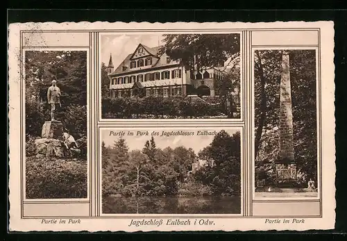 AK Eulbach i. Odw., Jagdschloss Eulbach, Partie im Park mit Denkmal, Uferpartie