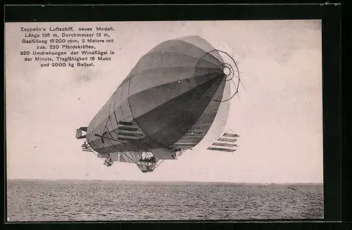 AK Zeppelin-Luftschiff im Flug über das Meer