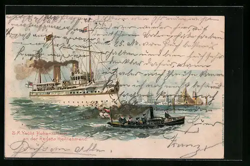 Lithographie SM Yacht Hohenzollern an der Regatta teilnehmend