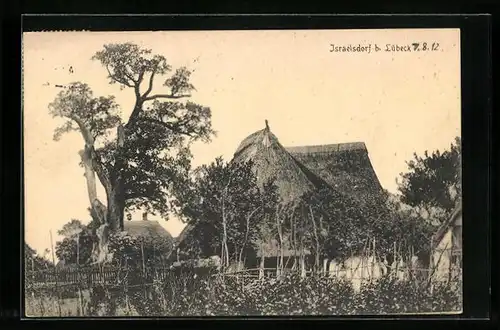 AK Israelsdorf b. Lübeck, Häuser mit Bäumen