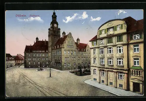 AK Döbeln, Blick auf Rathaus mit Brunnen