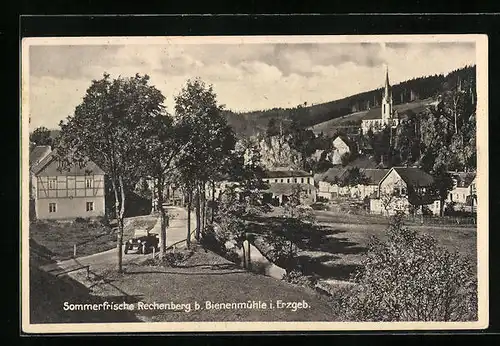 AK Rechenberg b. Bienenmühle, Strassenpartie mit Auto und Bäumen