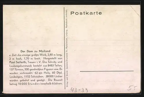 AK Mailand, Der Dom zu Mailand von Paul Seiferth, Modellbau