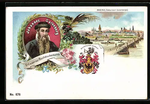 Lithographie Mainz, Teilansicht mit Brücke, Johannes Gutenberg, Buchdrucker-Wappen