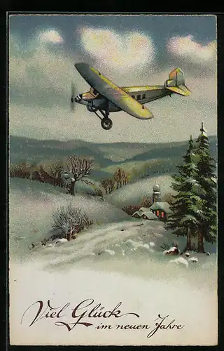 Künstler-AK Neujahrsgrüsse mit Flugzeug am Himmel