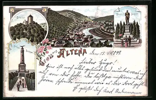 Lithographie Altena i.W., Schloss, Totalansicht, Krieger Denkmal, Bismarck Denkmal