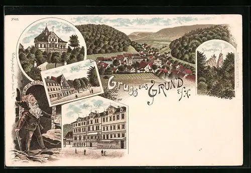 Lithographie Grund /Harz, Römers Villa, Totalansicht, Hübichenstein, Hotel Haus Neuner, Römers Hotel