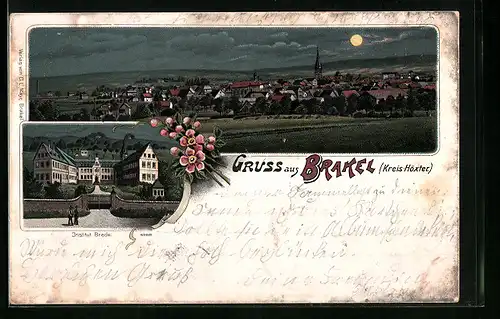 Lithographie Brakel b. Höxter, Totalansicht mit Institut Brede