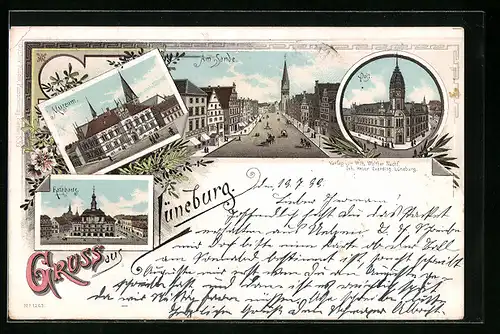 Lithographie Lüneburg, Museum, Am Sande, Post, Rathaus