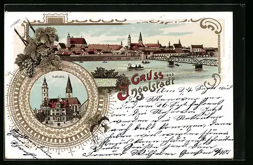 Lithographie Ingolstadt, Rathaus, Totalansicht mit Donaubrücke