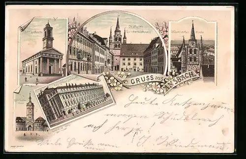Lithographie Ansbach, Ludwigs Kirche, Ob. Markt, Gumbertus Kirche, Herriederthor