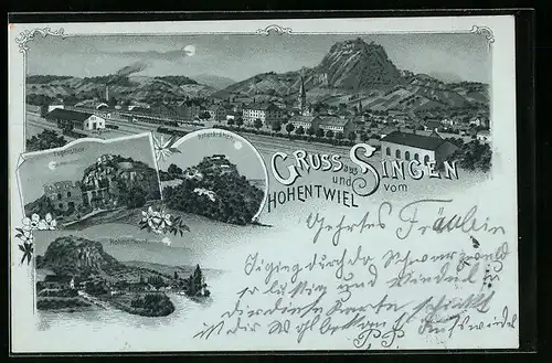 Mondschein-Lithographie Singen, Totalansicht, Hohenkrähen, Eugensthor, Hohentwiel