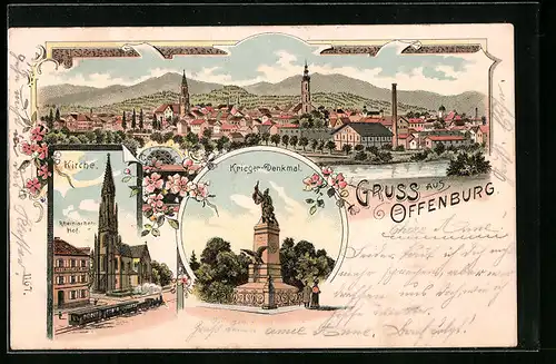 Lithographie Offenburg, Kirche, Krieger-Denkmal, Totalansicht