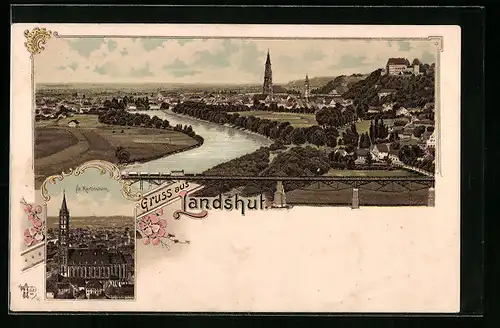 Lithographie Landshut, Totalansicht, St. Martinsturm