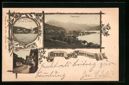 Passepartout-AK Tegernsee, Teilansicht, Protestantische Kirche und Villen, Strasse