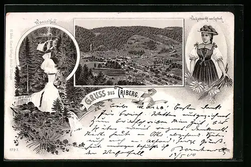 Lithographie Triberg, Wasserfall, Gesamtansicht, Volkstracht vin Gutach