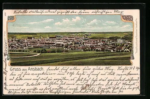 Lithographie Ansbach, Totalansicht der Stadt