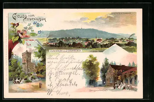 Lithographie Cunewalde, Gruss vom Czorneboh, Bergwirtschaft, Aussichtsturm