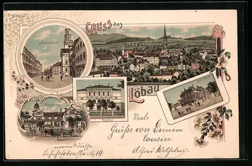 Lithographie Löbau, Nicolaistrasse, Realschule und Honigbrunnen