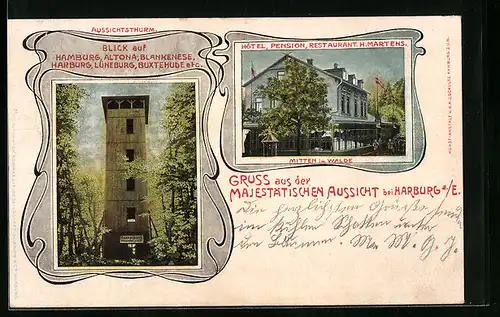 AK Harburg, Gruss von der majestätischen Aussicht, Aussichtsturm, Hotel, Pension, Restaurant H. Martens