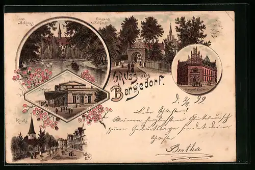 Lithographie Hamburg-Bergedorf, Eingang zum Schloss, Kaiserl. Postamt, Kirche