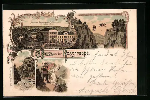 Lithographie Thale, Hotel zur Rosstrappe mit Winzenburg, Teufelsbrücke