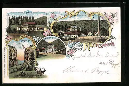 Lithographie Mägdesprung i. H., Bahnhof, Mägdetreppe und Hotel Mägdesprung