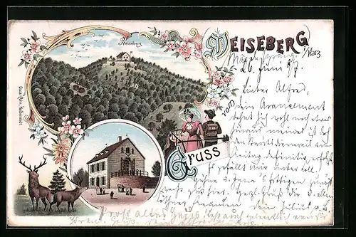 Lithographie Meiseberg, Ortsansicht mit Hirschen